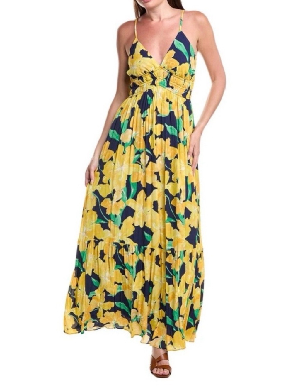 Hutch Yellow Floral V-Neck Maxi Dress with Green Accents